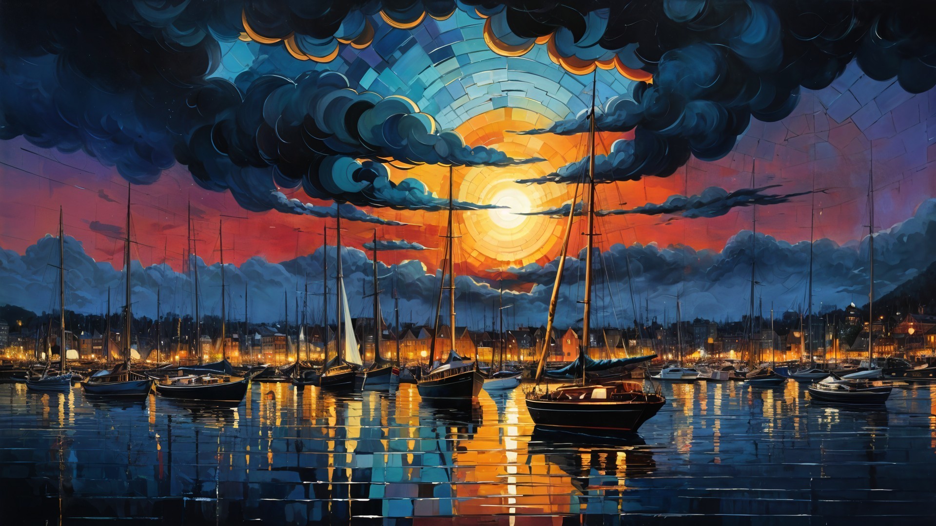 Vibrant Harbor Sunset with Sailboats and Warm Hues