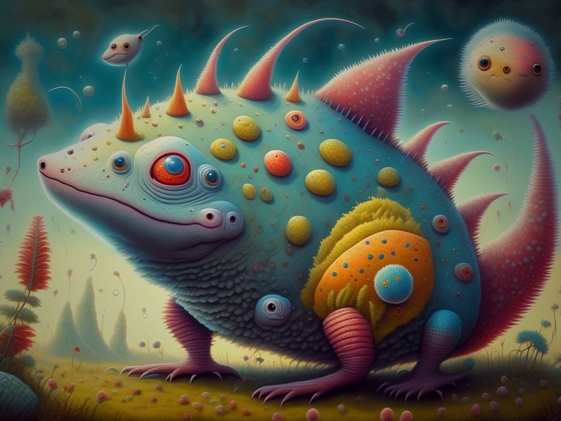 Colorful Lizard-Like Creature in Surreal Landscape