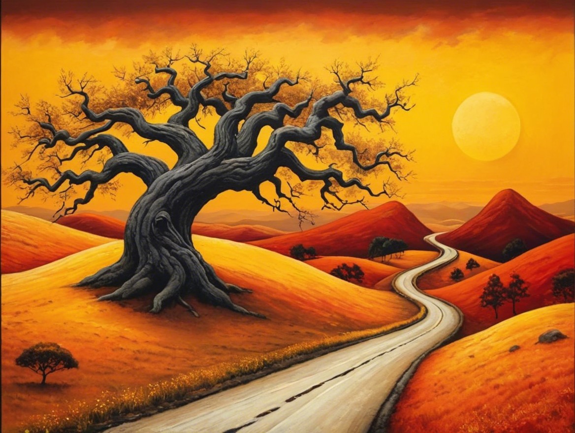 Twisted Tree Against Vibrant Sunset Landscape