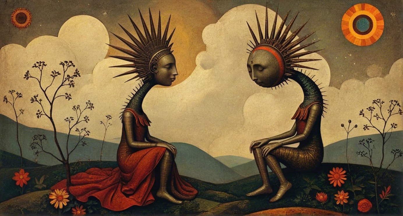 Stylized Figures in Abstract Landscape with Sun and Flowers