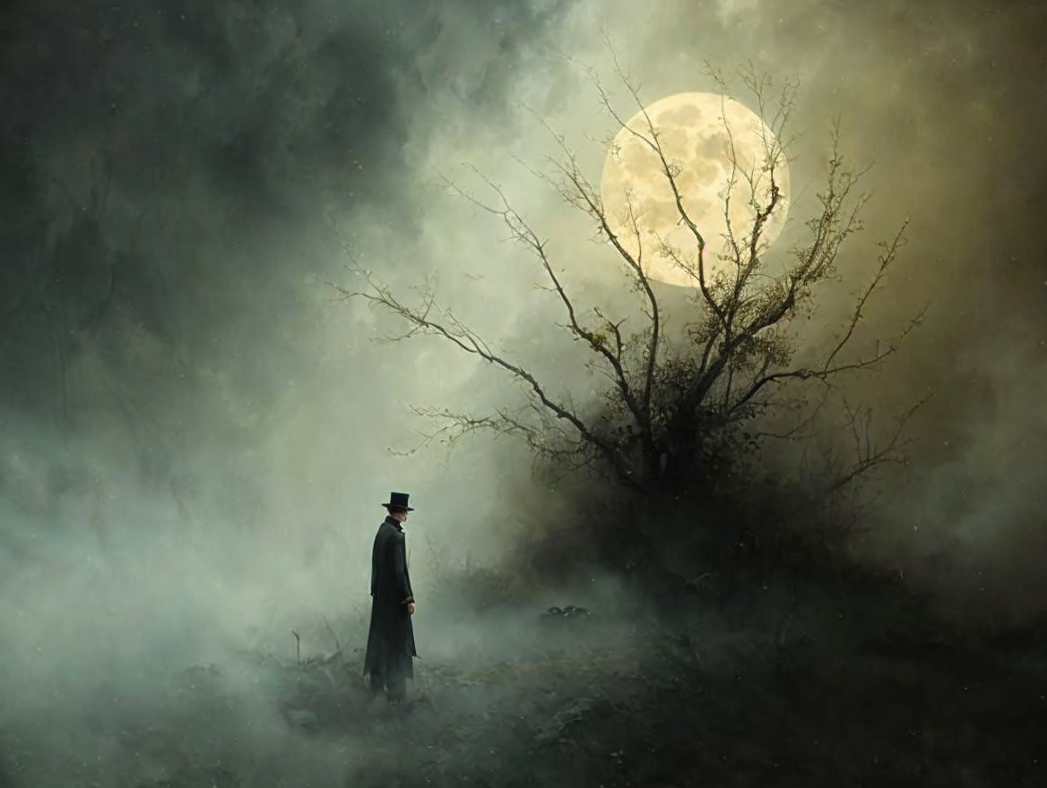 Mysterious Figure in Foggy Landscape Under Full Moon