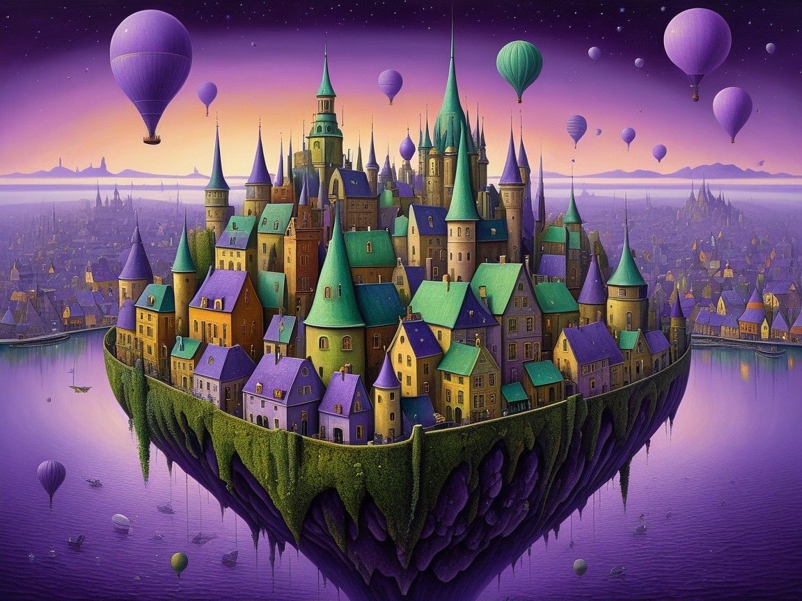 Whimsical Floating City with Colorful Buildings and Towers