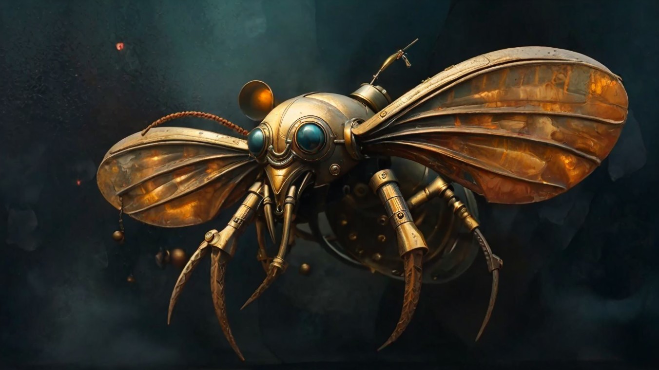 Steampunk Robotic Insect with Brass and Blue Accents