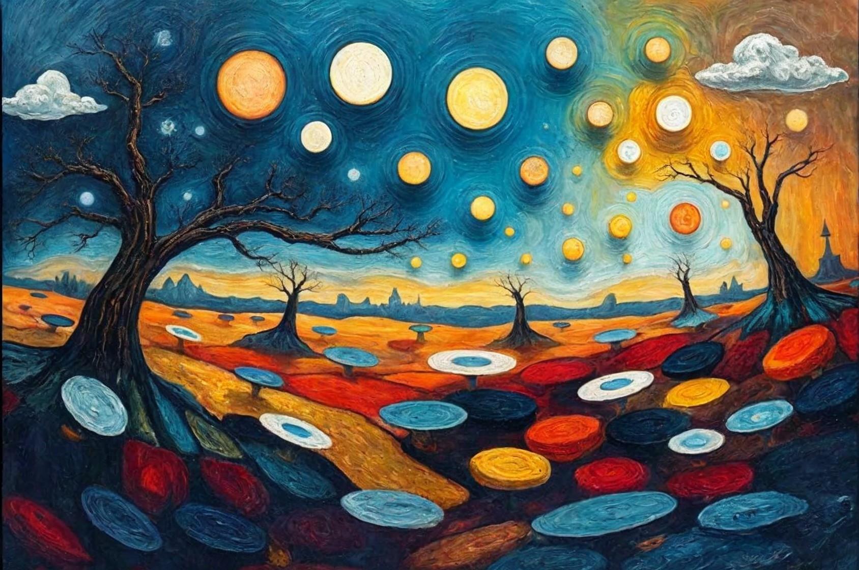 Vibrant Dreamlike Landscape with Surreal Elements