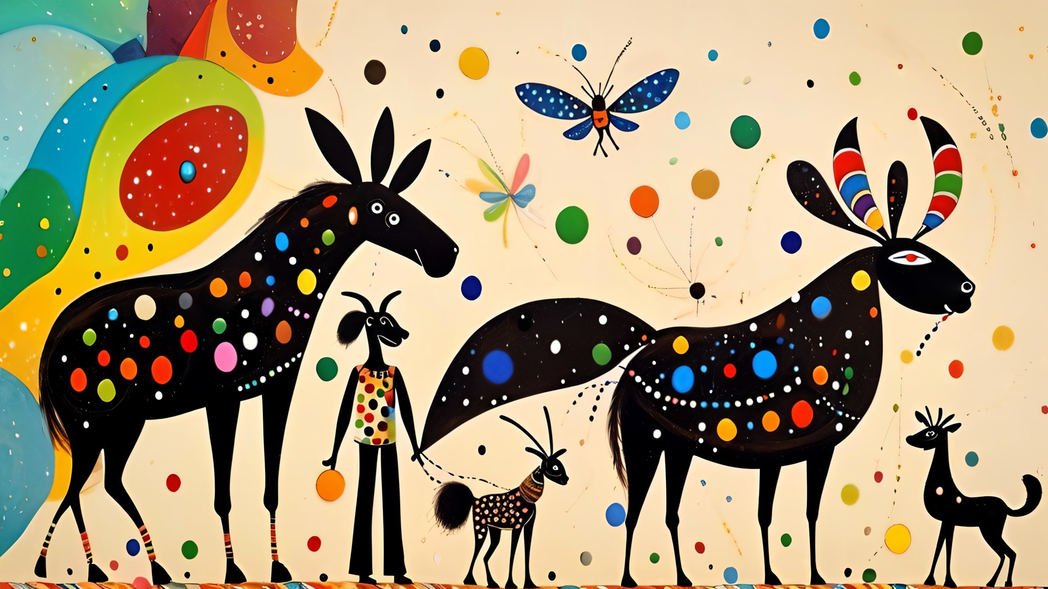 Whimsical Scene with Abstract Animals and Colorful Shapes