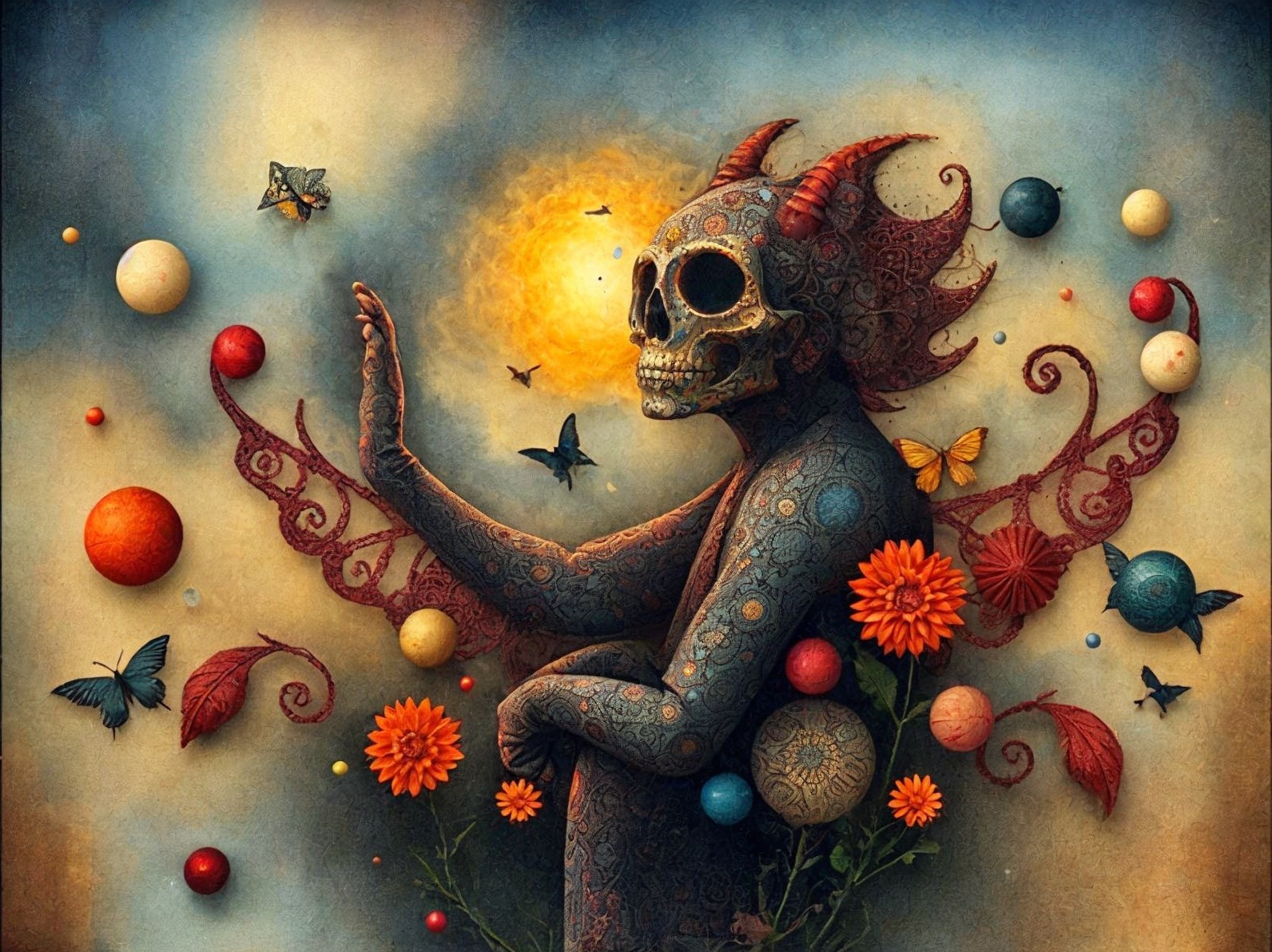 Stylized Skeleton with Sun and Vibrant Flowers