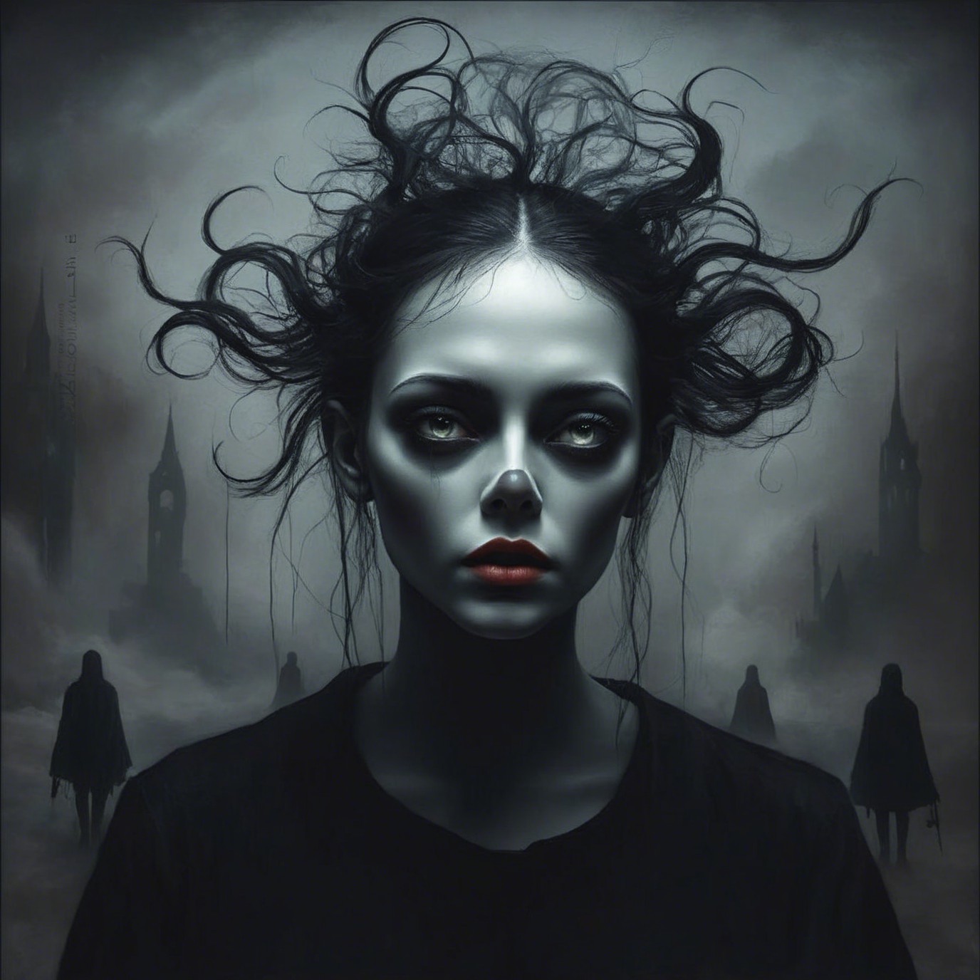 Pale Woman Portrait in Foggy Cityscape Background