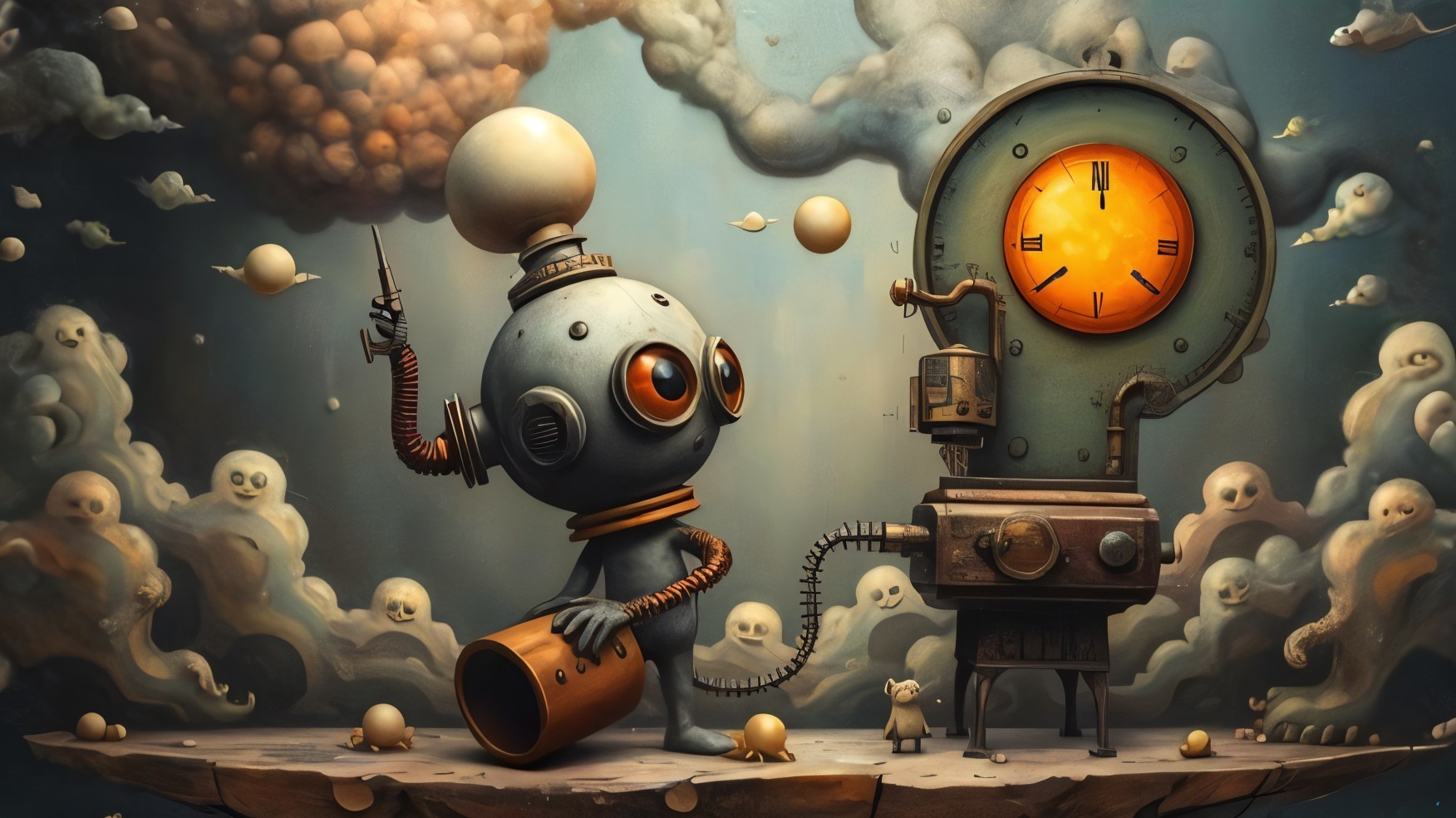 Whimsical Robot on Floating Platform with Clockwork Device