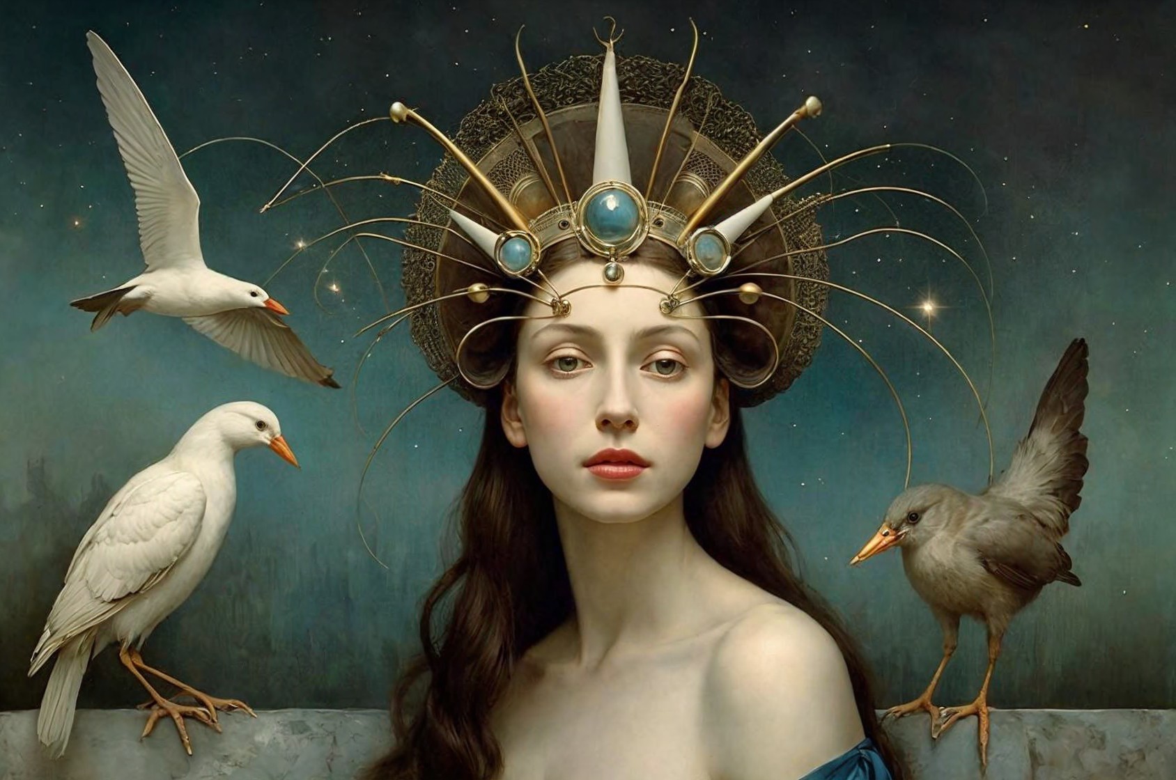 Majestic woman with crown and birds under starry sky