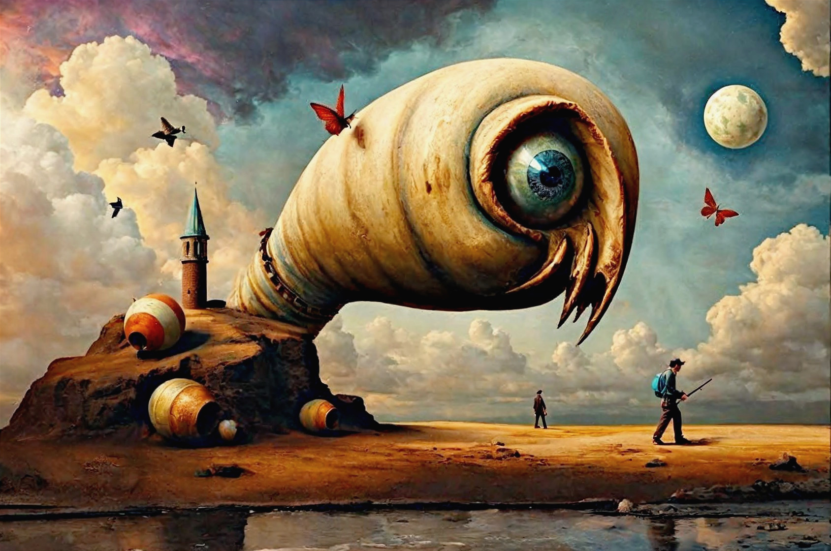 Surreal Landscape with Bulbous Creature and Towers