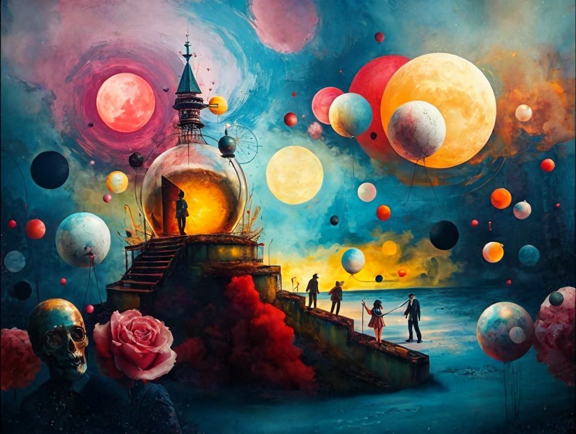 Surreal Celestial Landscape with Mystical Elements