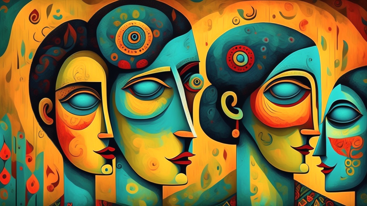 Vibrant Abstract Art of Three Faces with Patterns