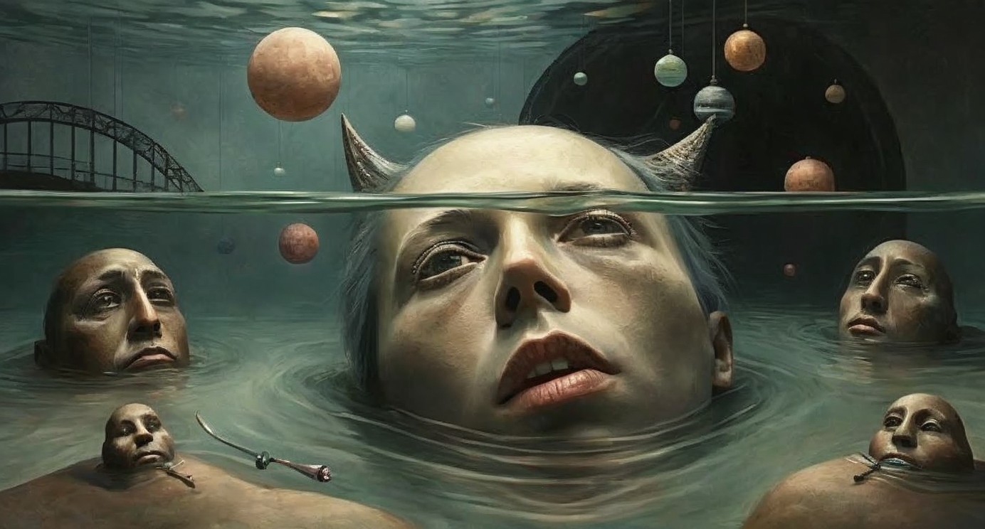 Surreal Scene of Submerged Figure and Faceless Individuals
