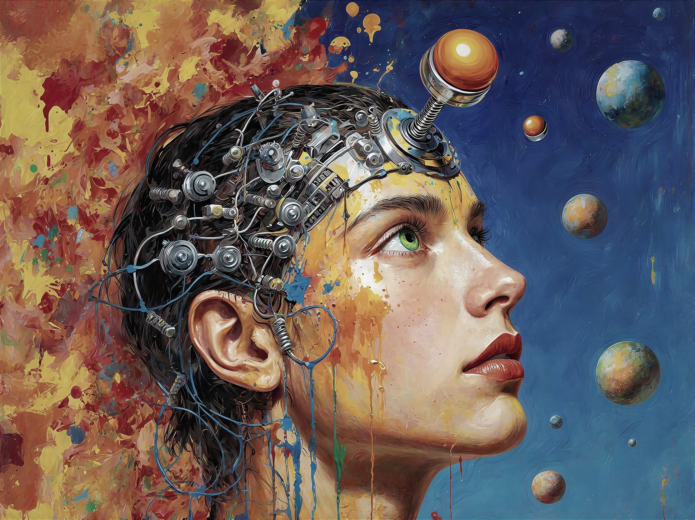 Oil Painting of Female Android Cyborg with Green Eyes