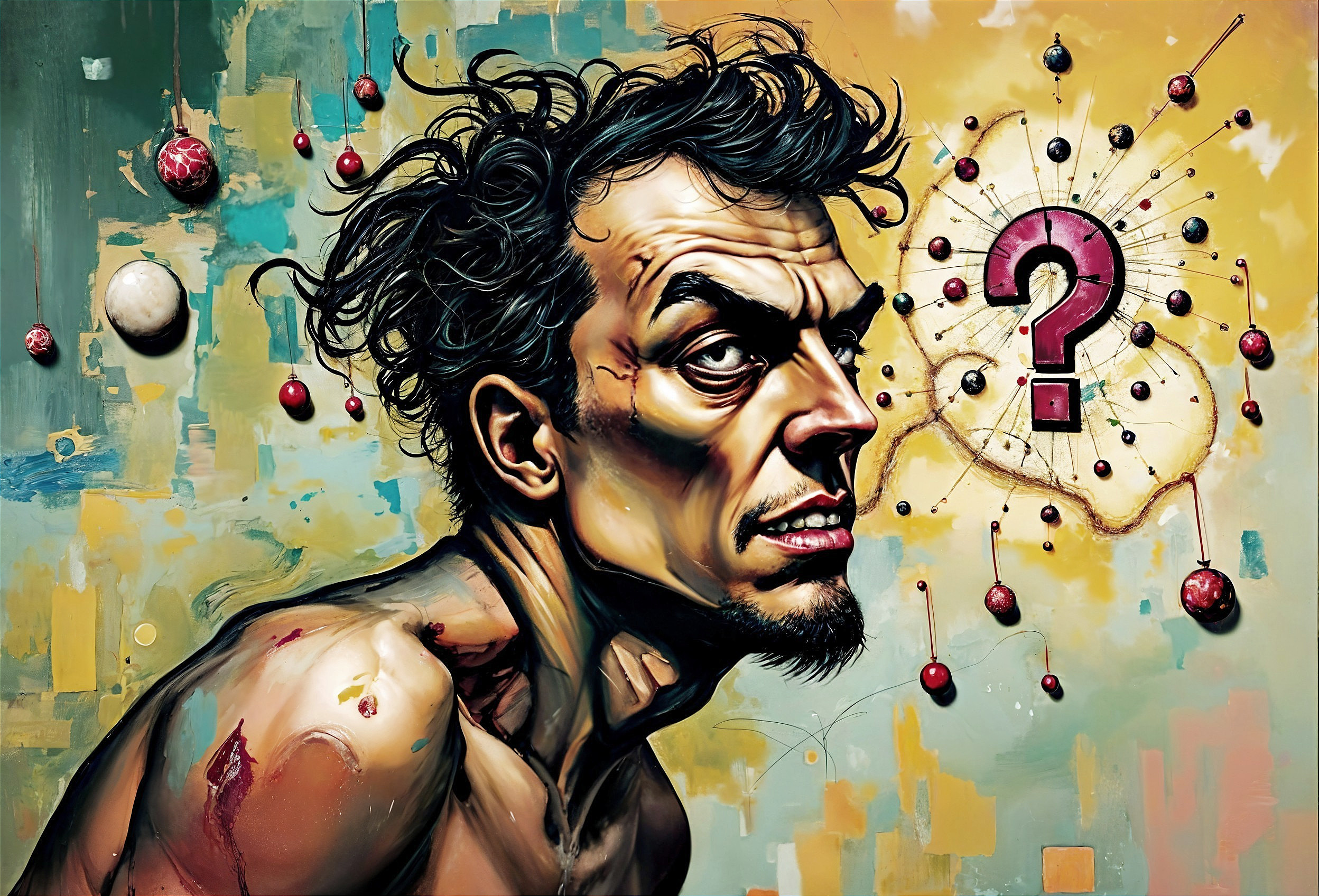 Dynamic Oil Painting of Distressed Man with Question Mark