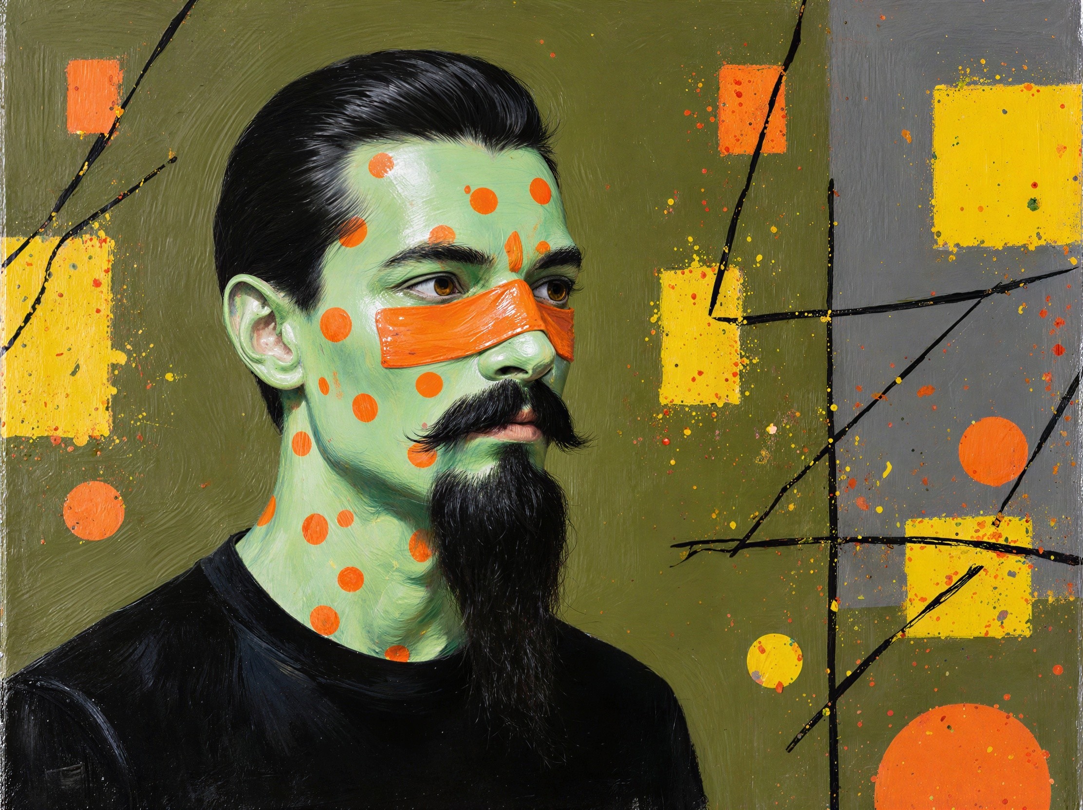 Close-up portrait of a man with bright green skin