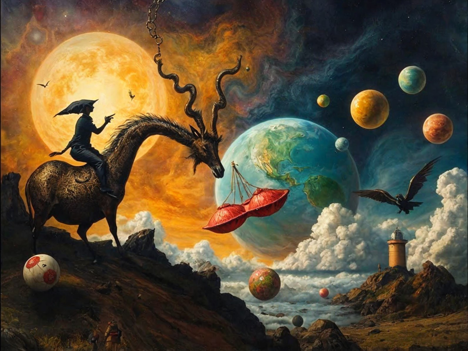 Majestic figure on horned horse in cosmic landscape