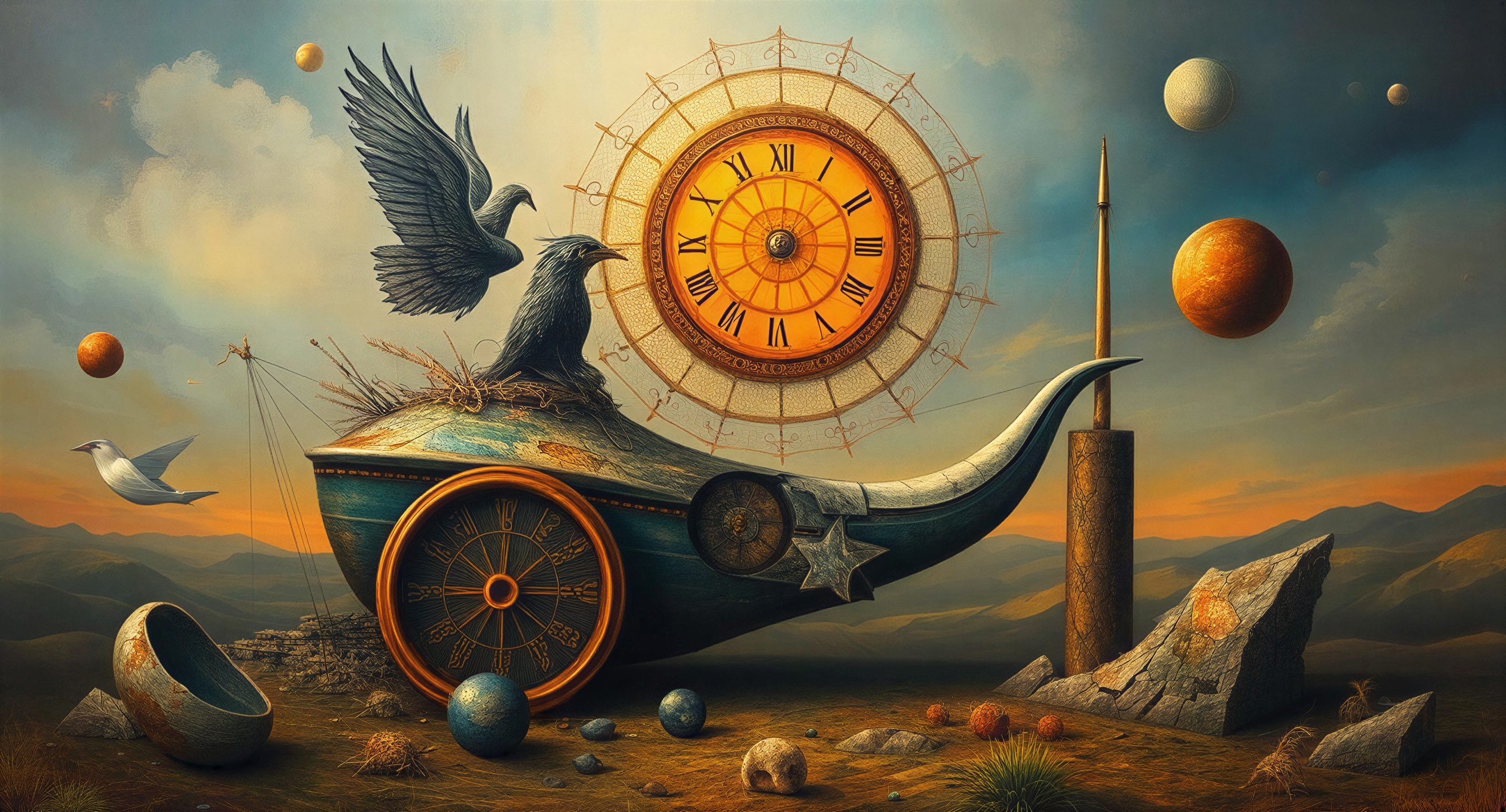 Surreal Landscape with Ornate Hourglass and Crow