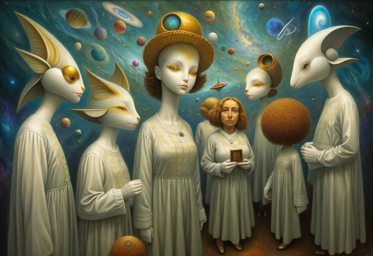 Surreal Cosmic Scene with Elongated Figures and Galaxies