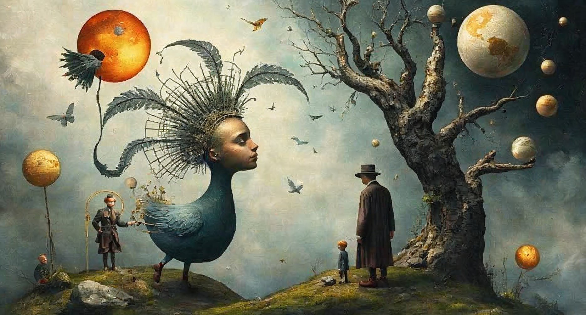 Surreal Landscape with Giant Bird Creature and Children