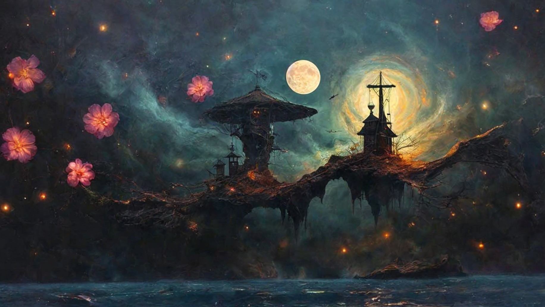 Surreal Landscape with Whimsical Structures and Moon