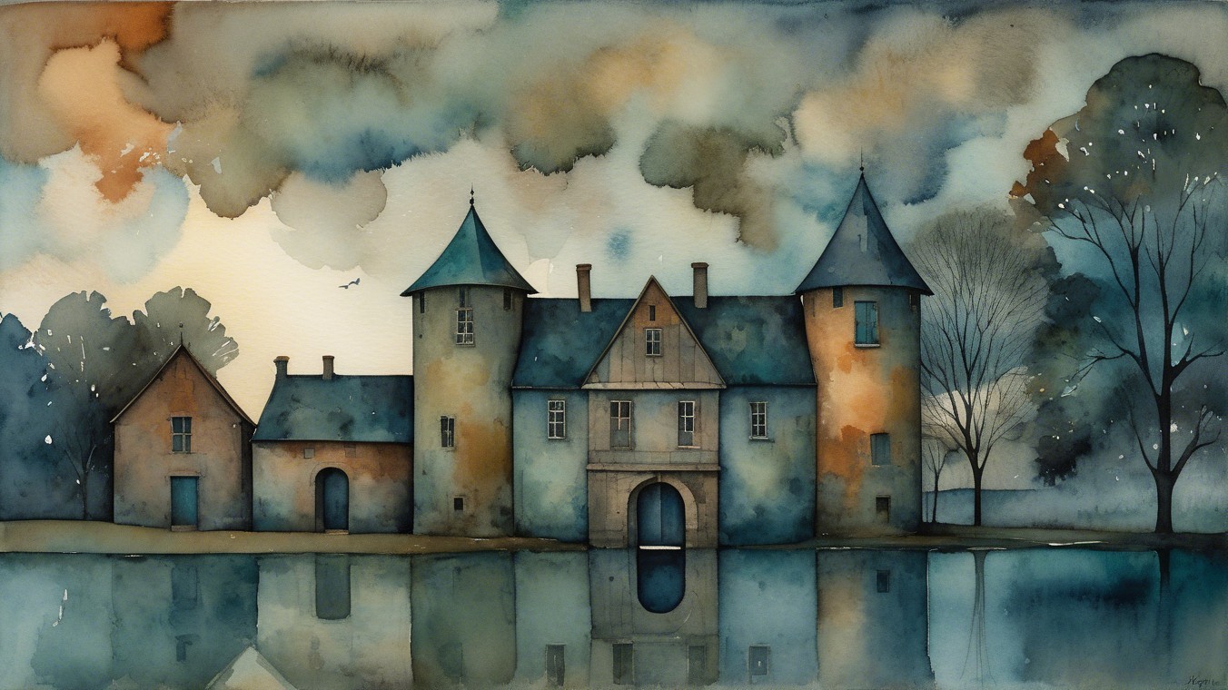 Watercolor Scene of Castle by Tranquil Lake