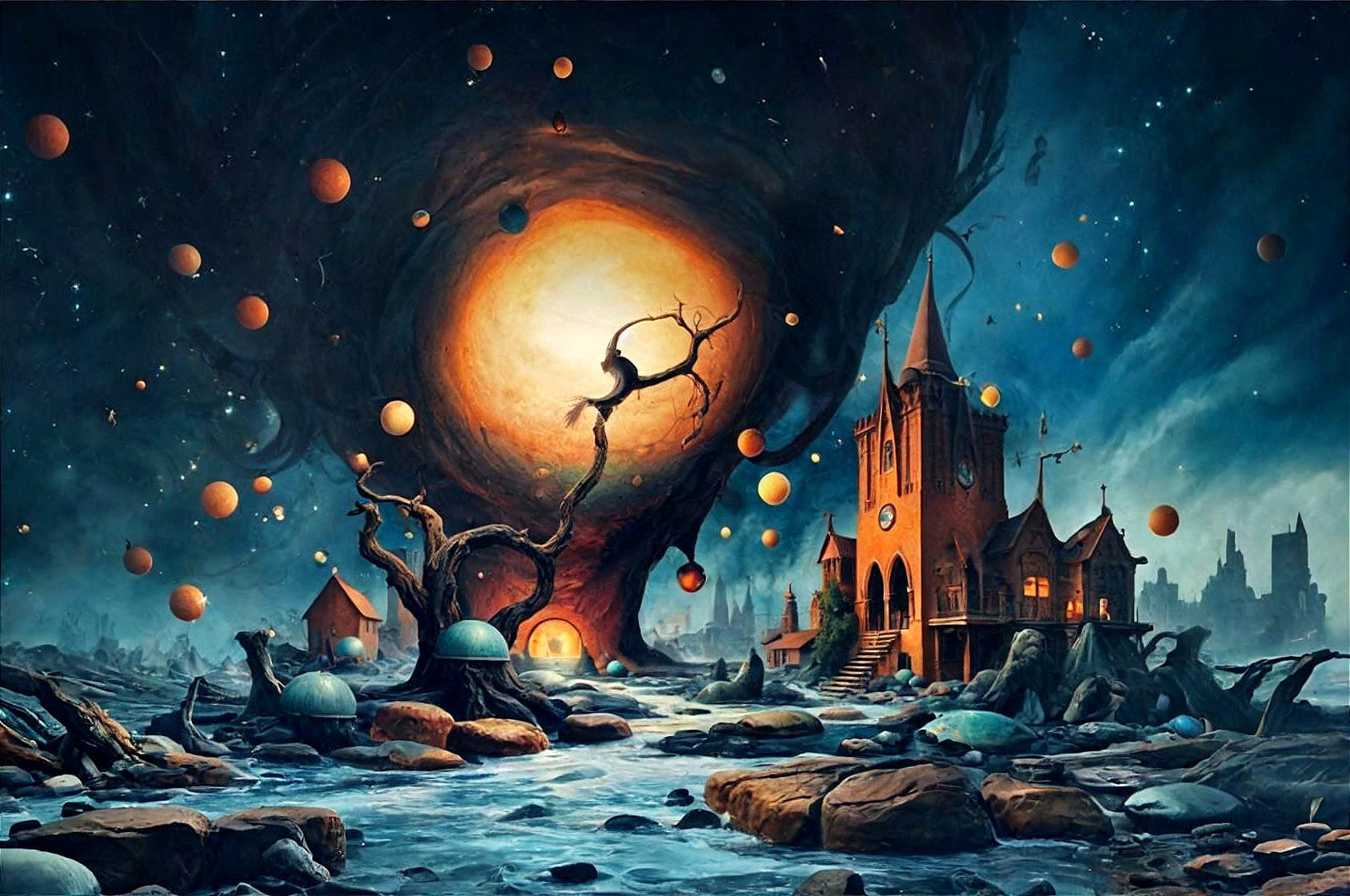 Surreal Landscape with Dark Sky and Glowing Orb