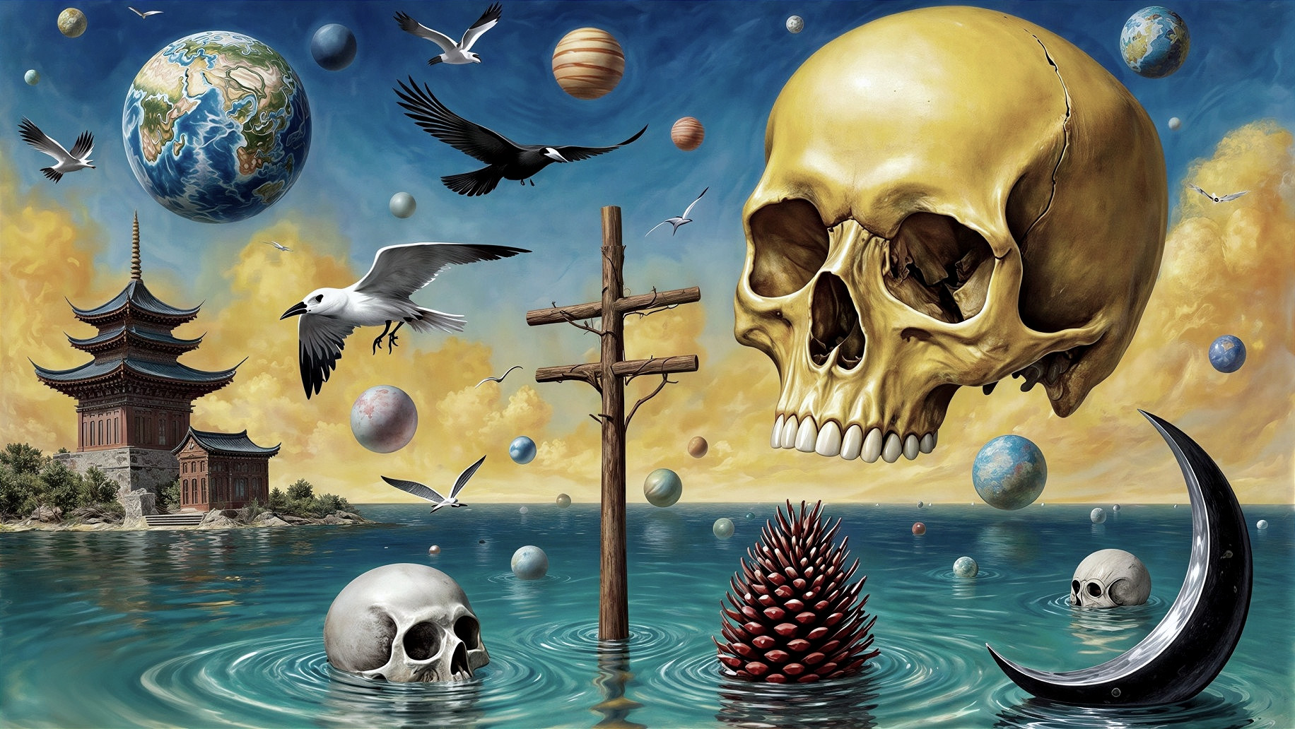 Surrealist Painting of Water, Skull, and Moon Elements