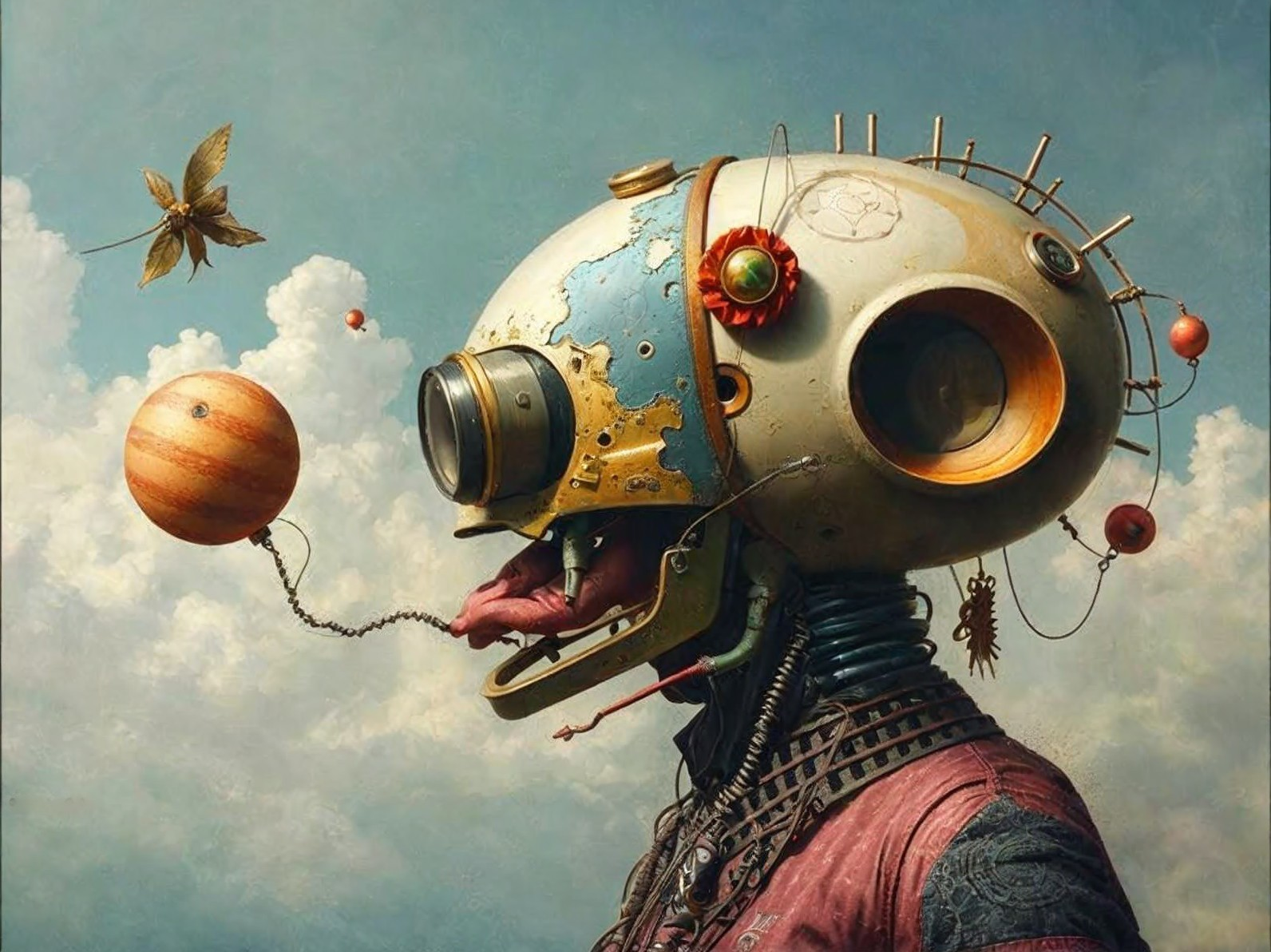 Surreal Humanoid Figure with Steampunk Helmet and Details