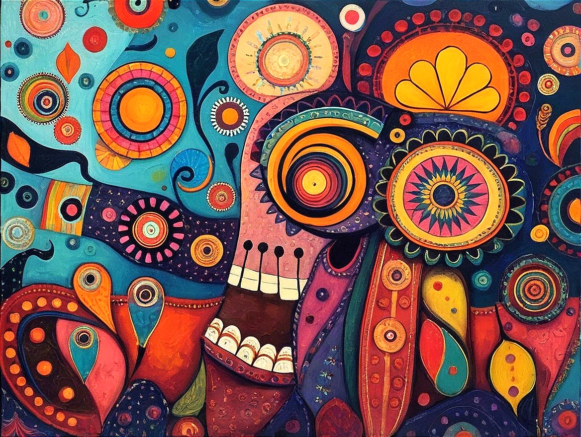 Vibrant Abstract Painting with Stylized Skull and Colors