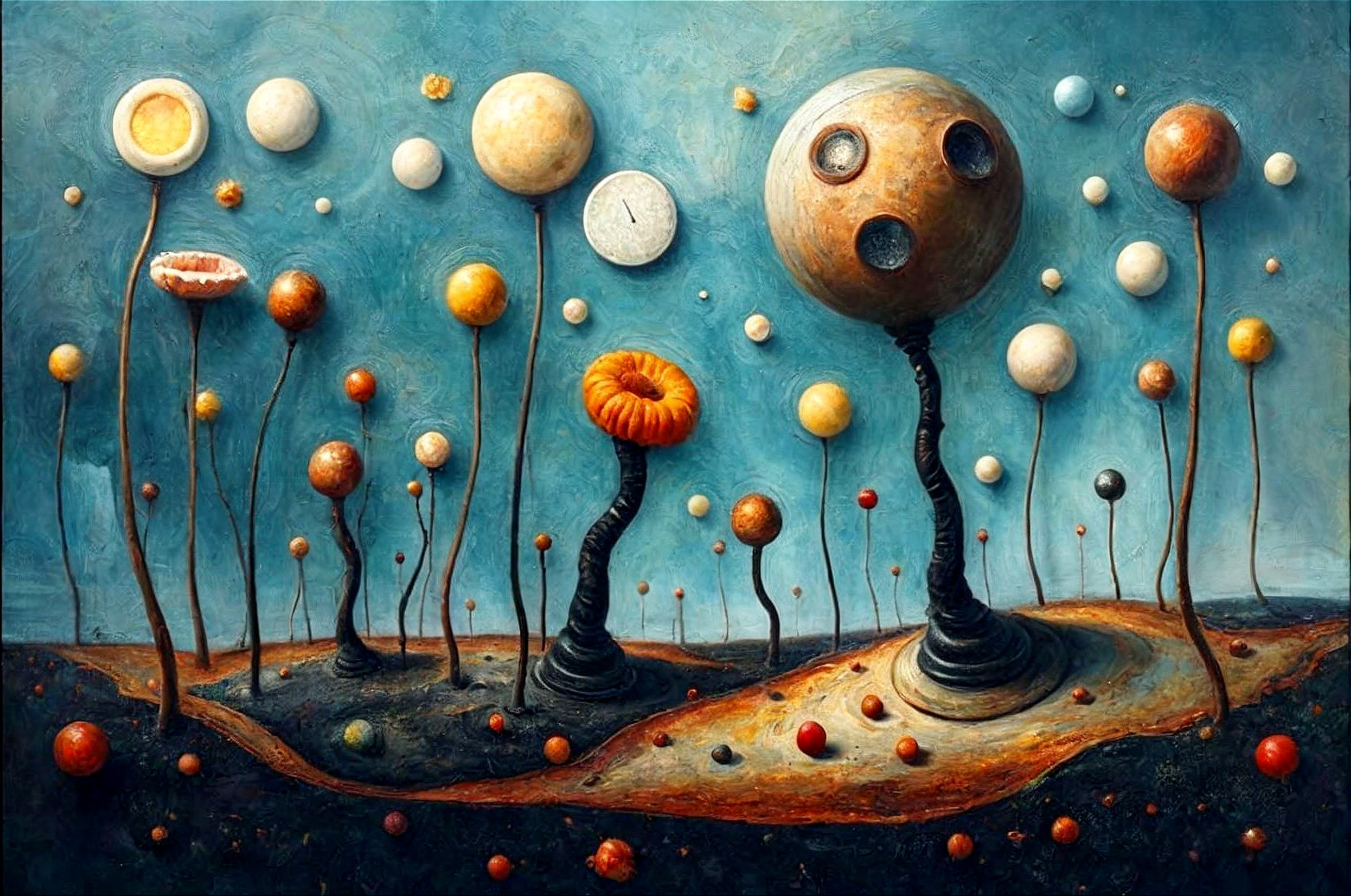 Surreal Landscape with Abstract Trees and Floating Clocks