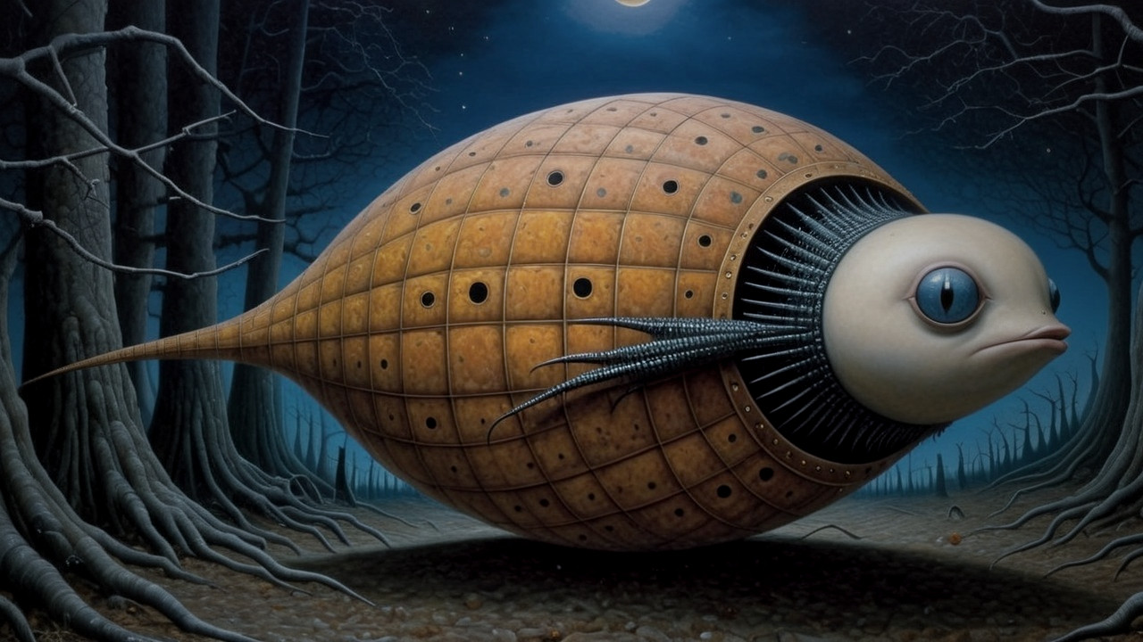 Surreal Creature in Moonlit Forest Setting