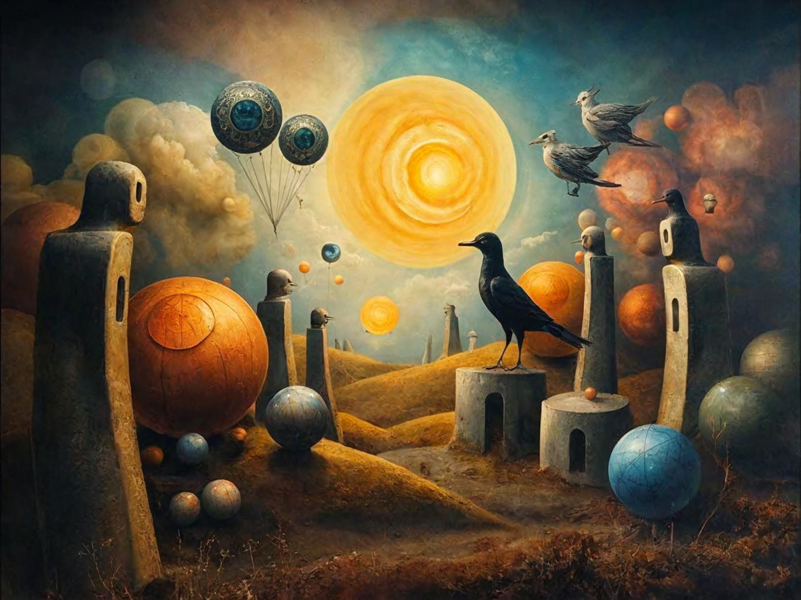 Surreal Landscape with Whimsical Sculptures and Orbs