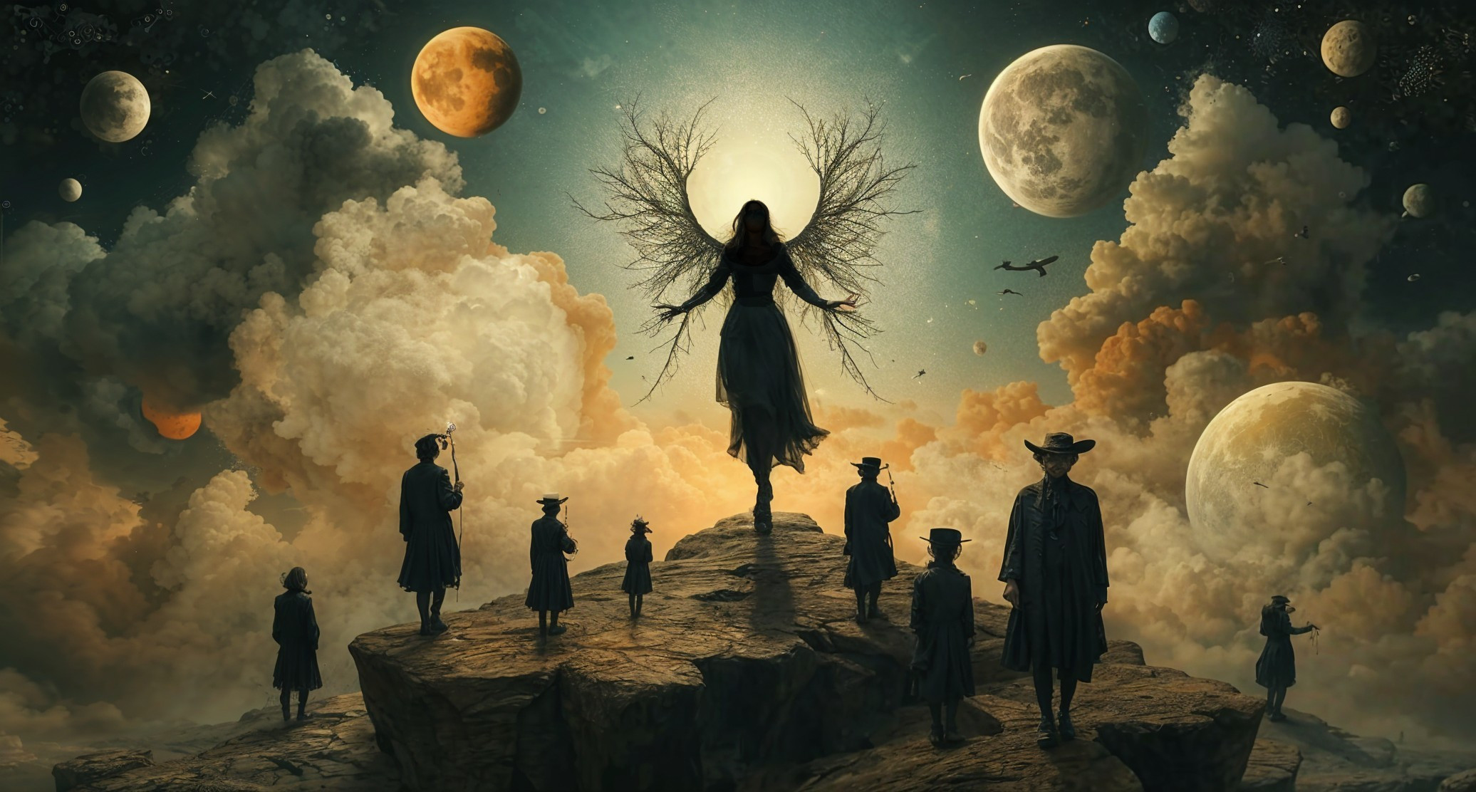 Surreal Landscape with Mystical Figure and Cosmic Elements