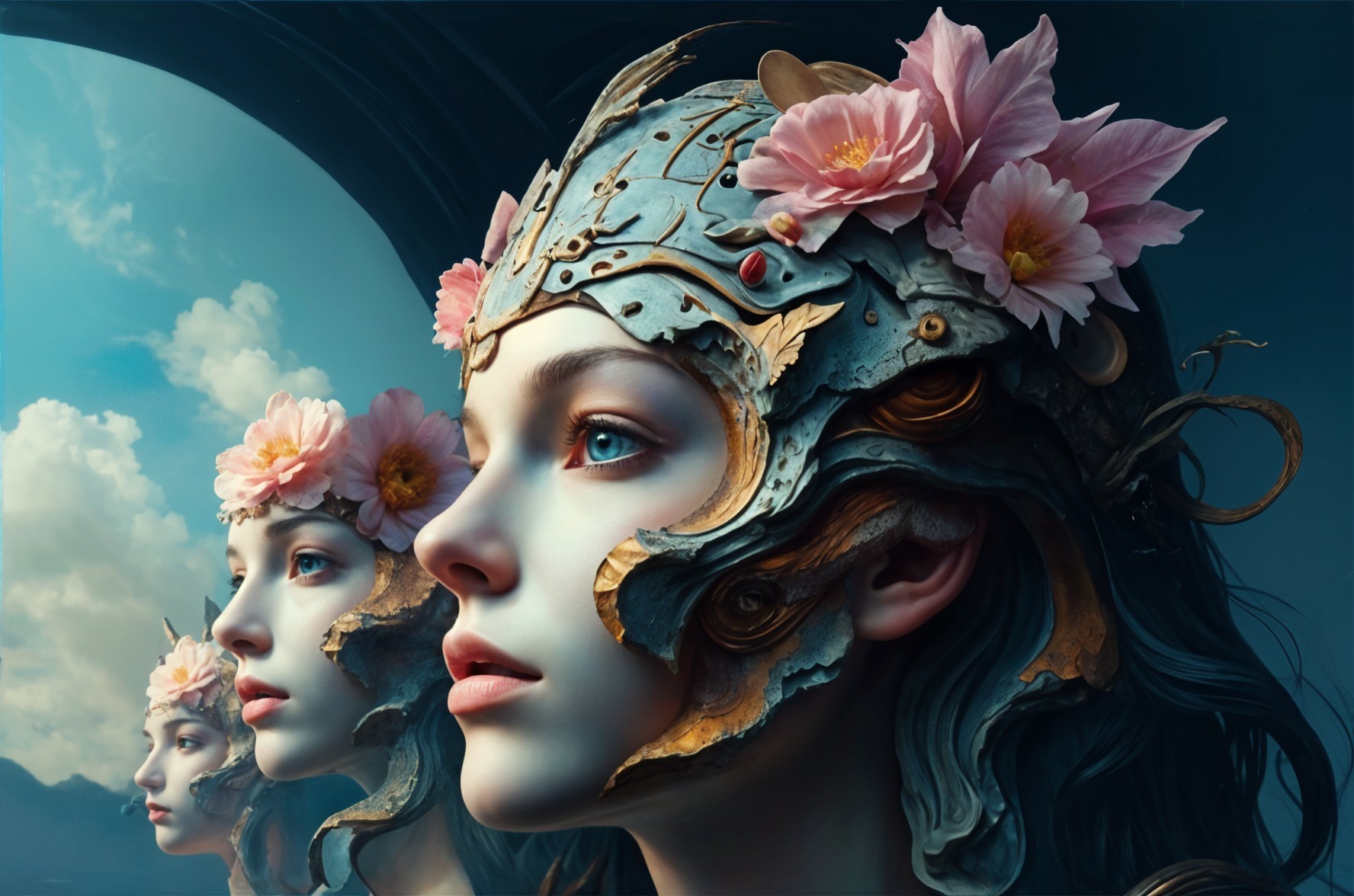 Surreal Image of Three Faces with Ornate Helmets