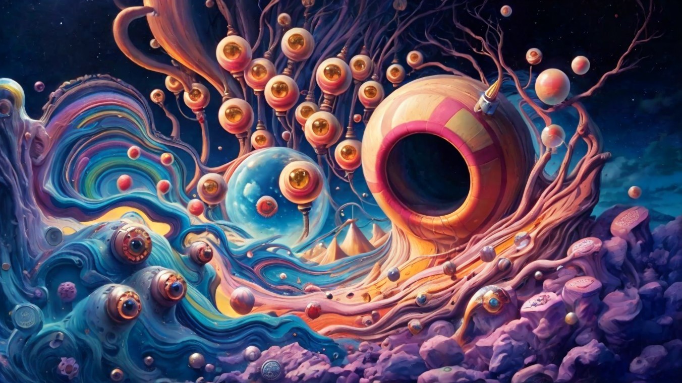 Vibrant Cosmic Landscape with Colorful Orbs and Waves
