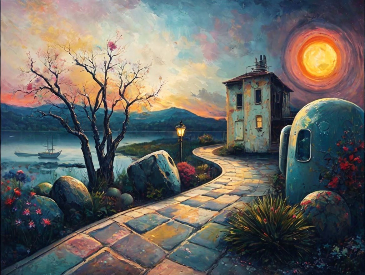 Serene Sunset Landscape with Winding Path and Lake