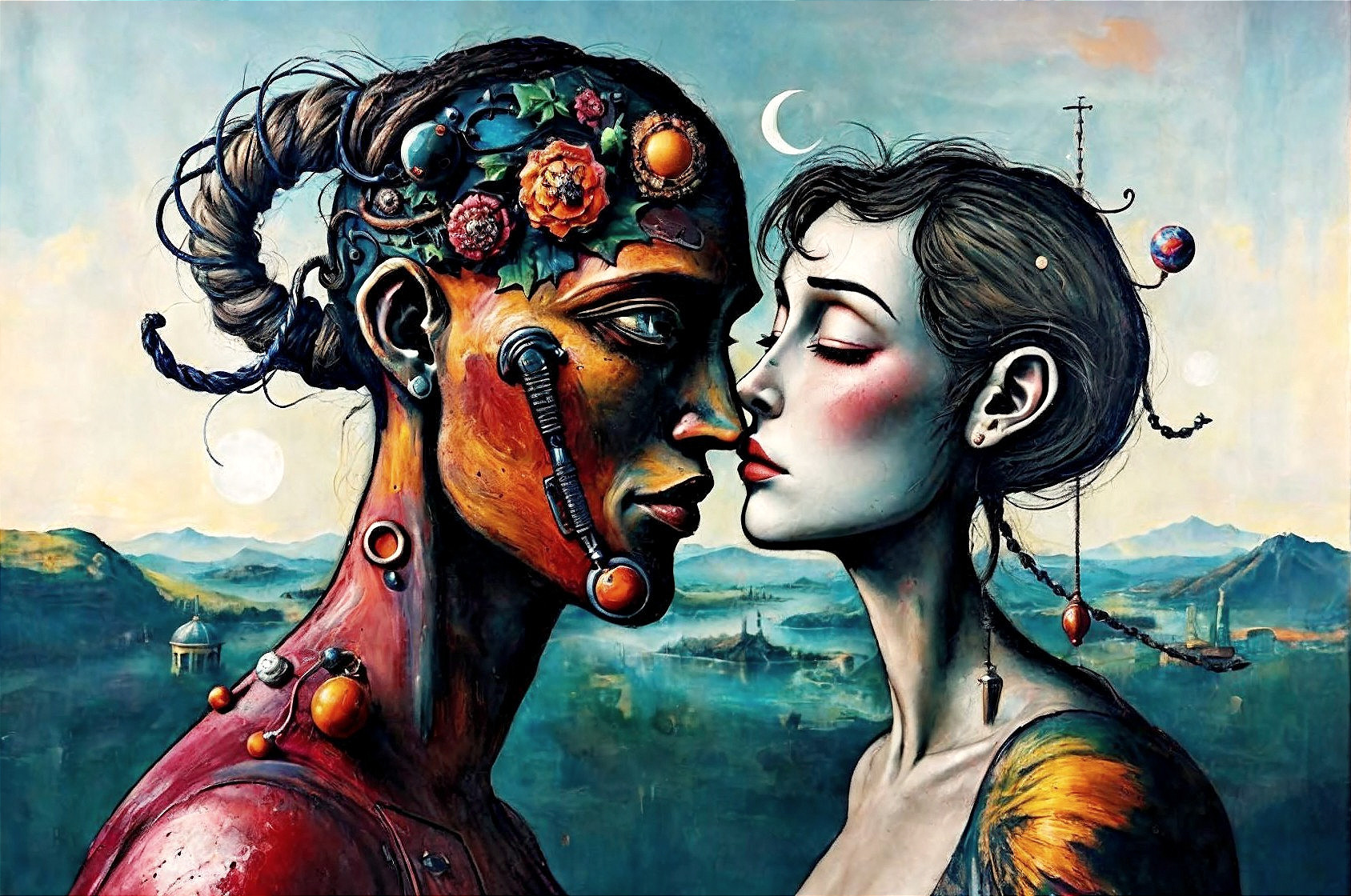 Surreal Painting of Two Figures in Dreamlike Landscape