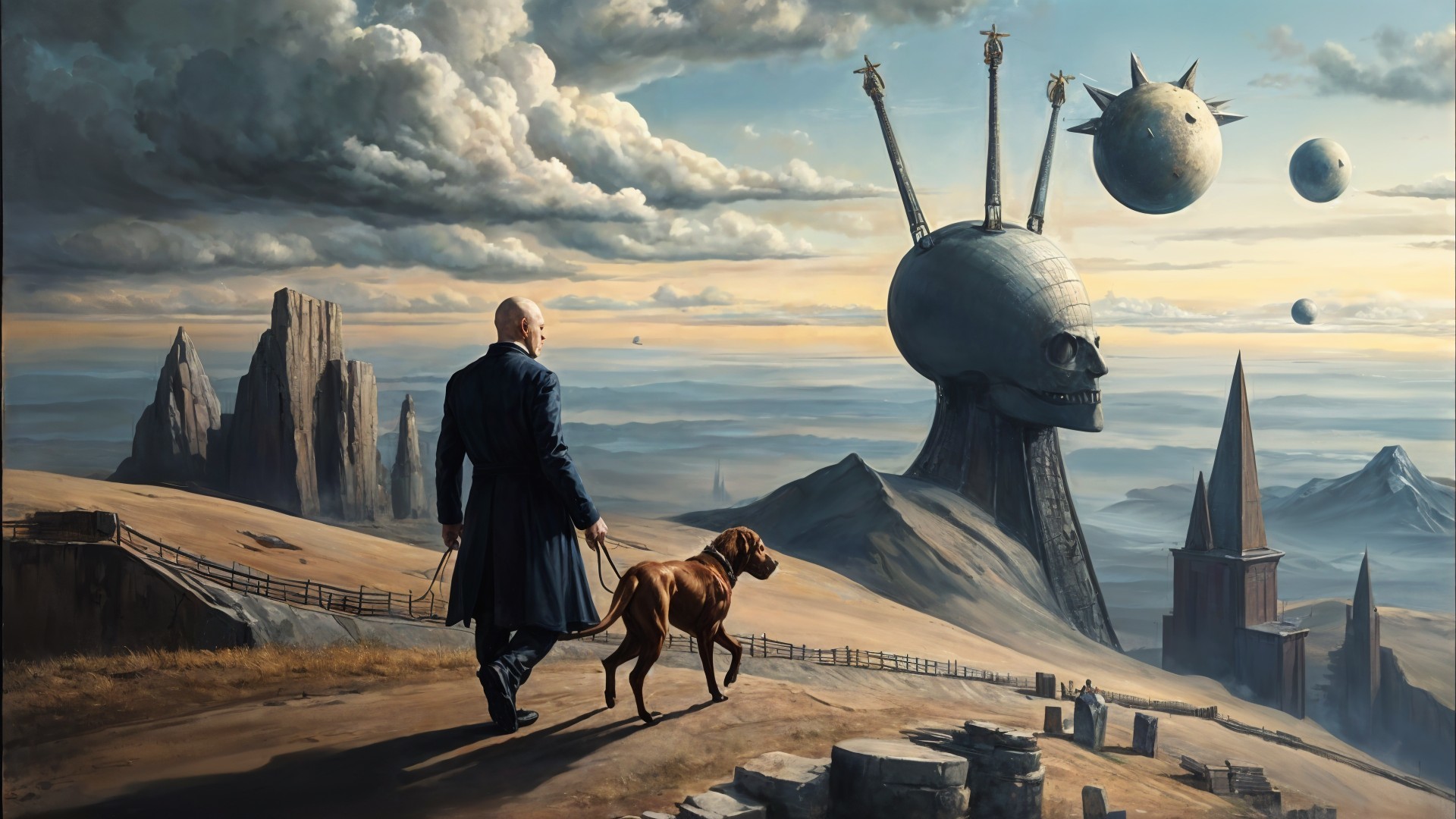 Surreal Landscape with Skull Sculpture and Dog Walker