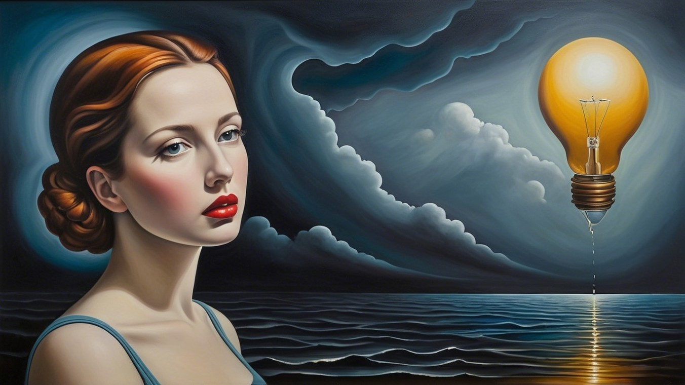 Contemplative Woman by Turbulent Sea and Light Bulb