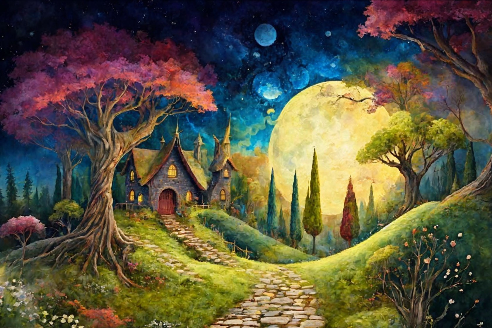 Whimsical Cottage in Vibrant Pink-Foliaged Landscape