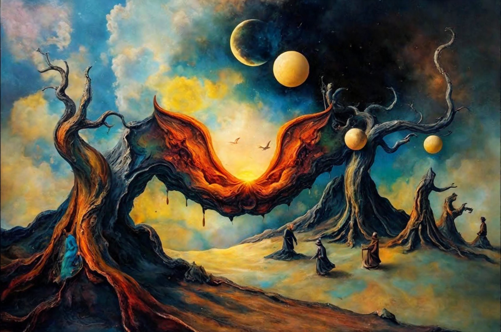 Ethereal Dreamscape with Gnarled Trees and Sunset Hues