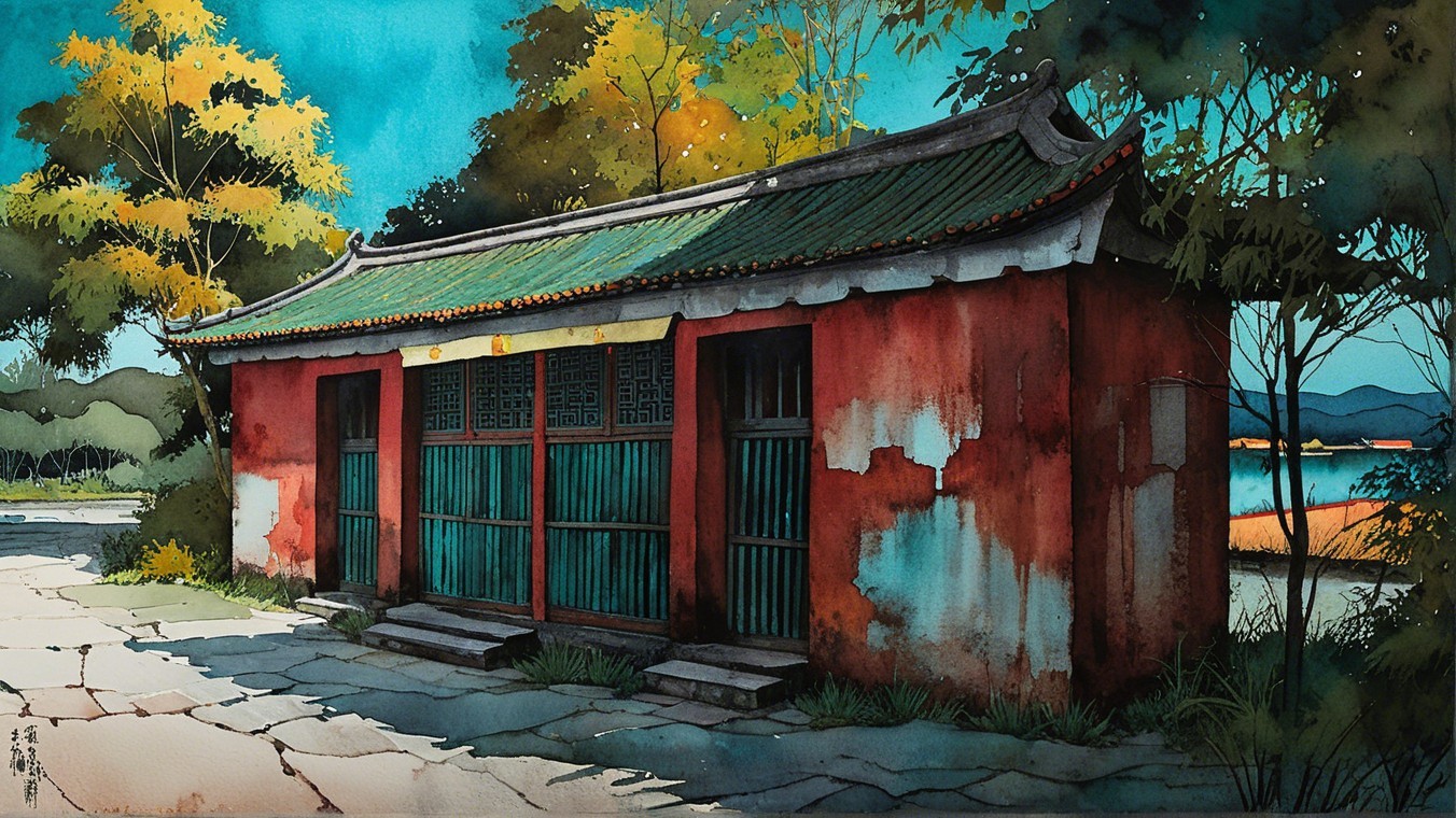 Watercolor Painting of a Weathered Red Building