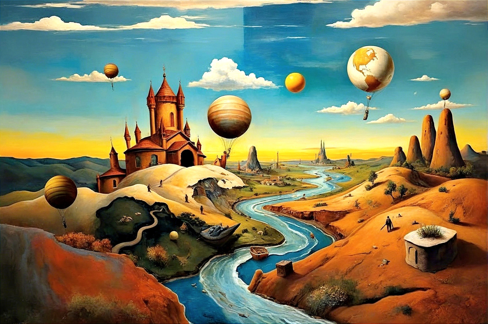 Surreal landscape with castle, river, and hot air balloons