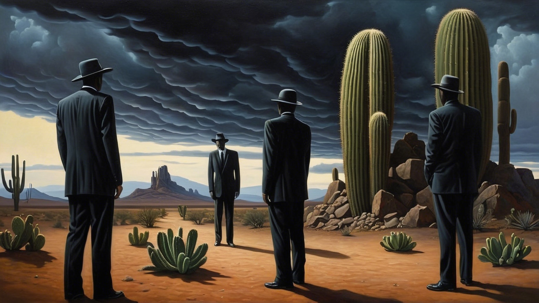 Surreal Desert Scene with Figures in Black Suits