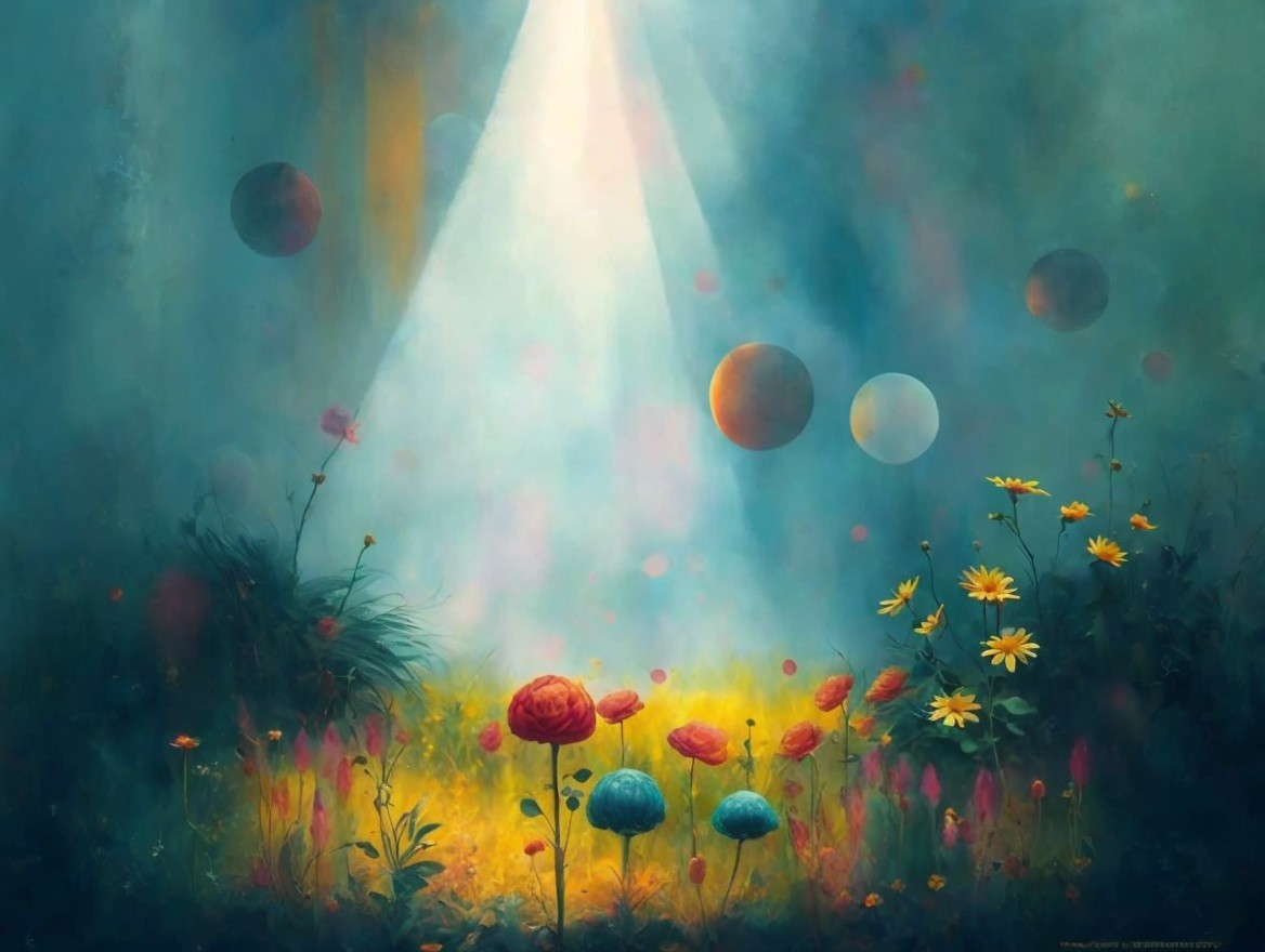 Ethereal Landscape with Colorful Flowers and Celestial Bodies