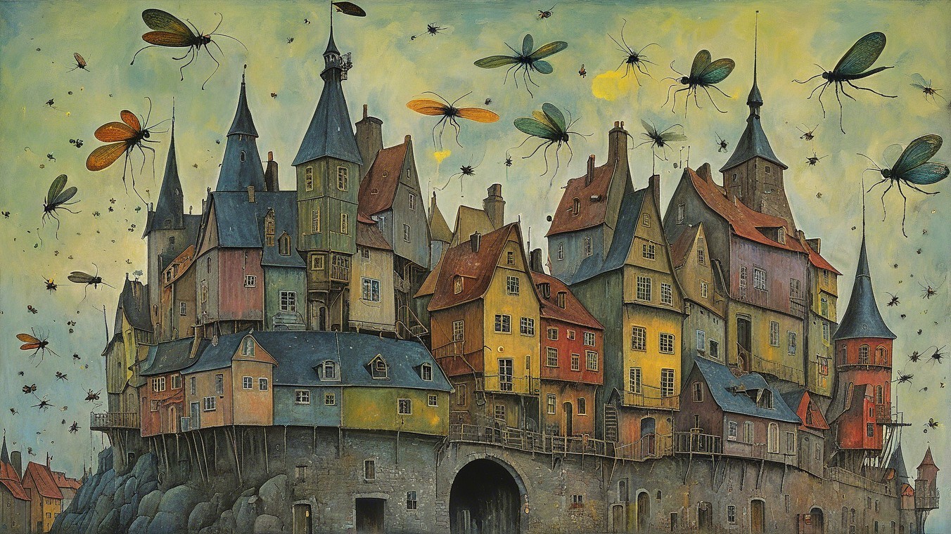 Whimsical Fantasy Landscape with Vibrant Village