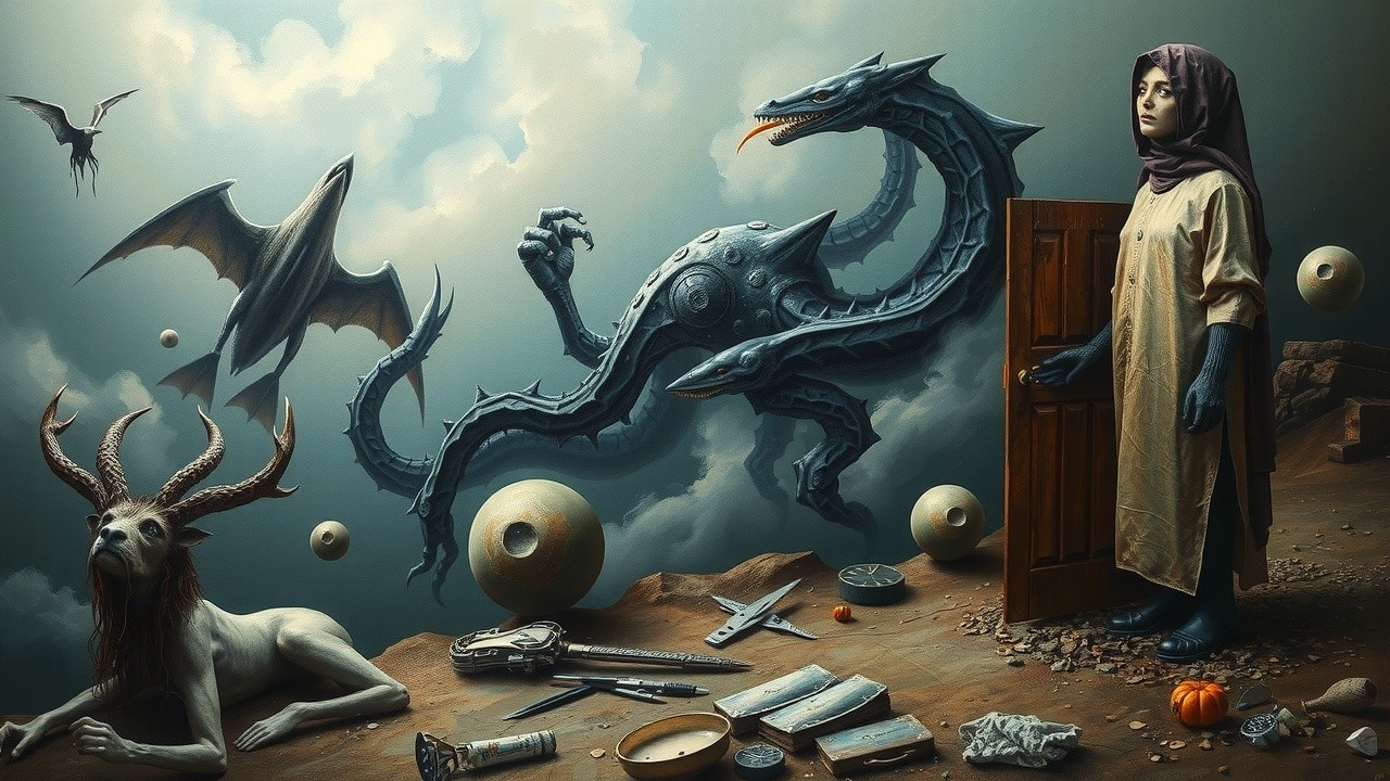Surreal Scene with Girl, Creatures, and Cloudy Sky