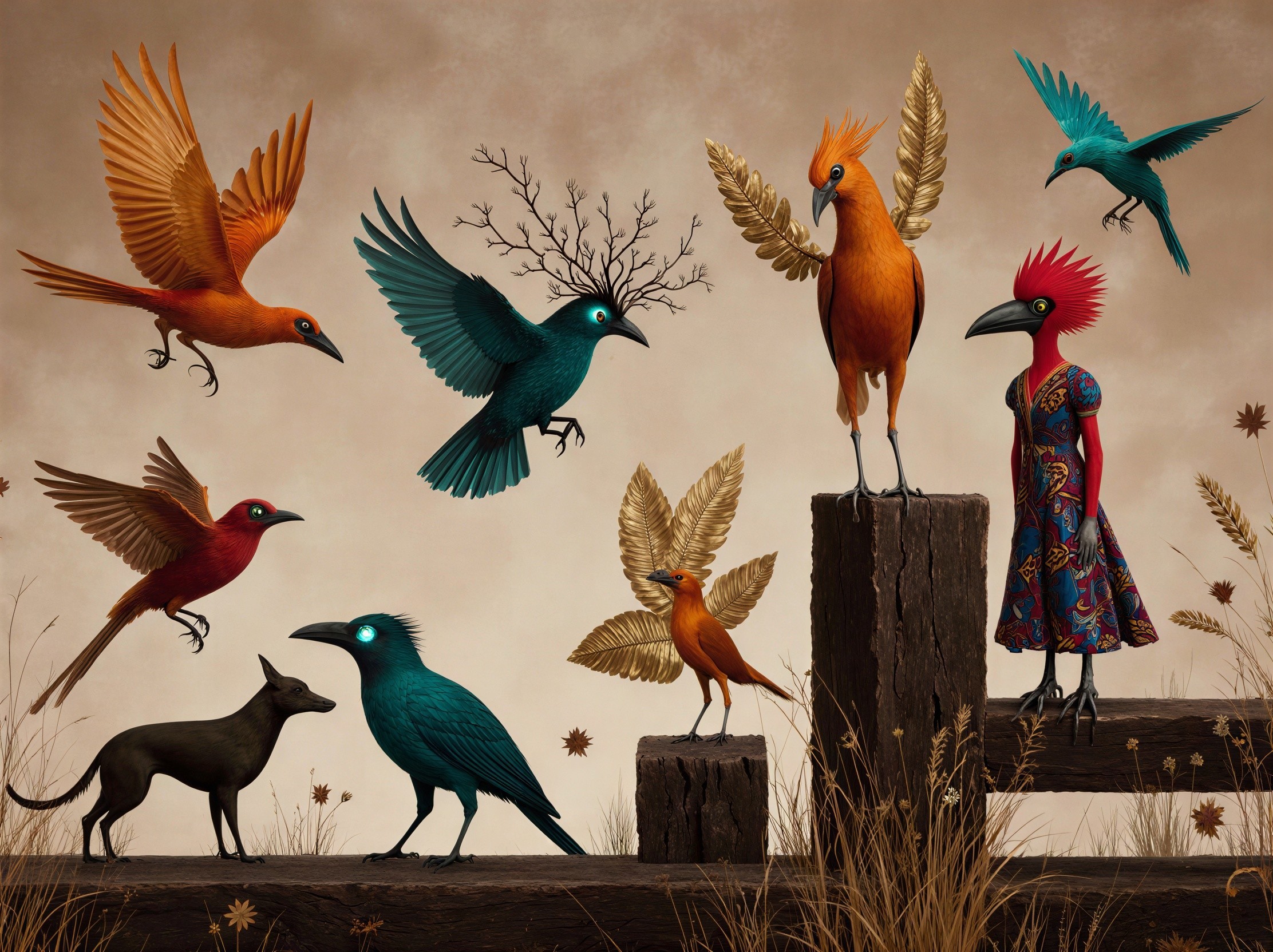 Whimsical Illustration of Fantastical Birds and Dog