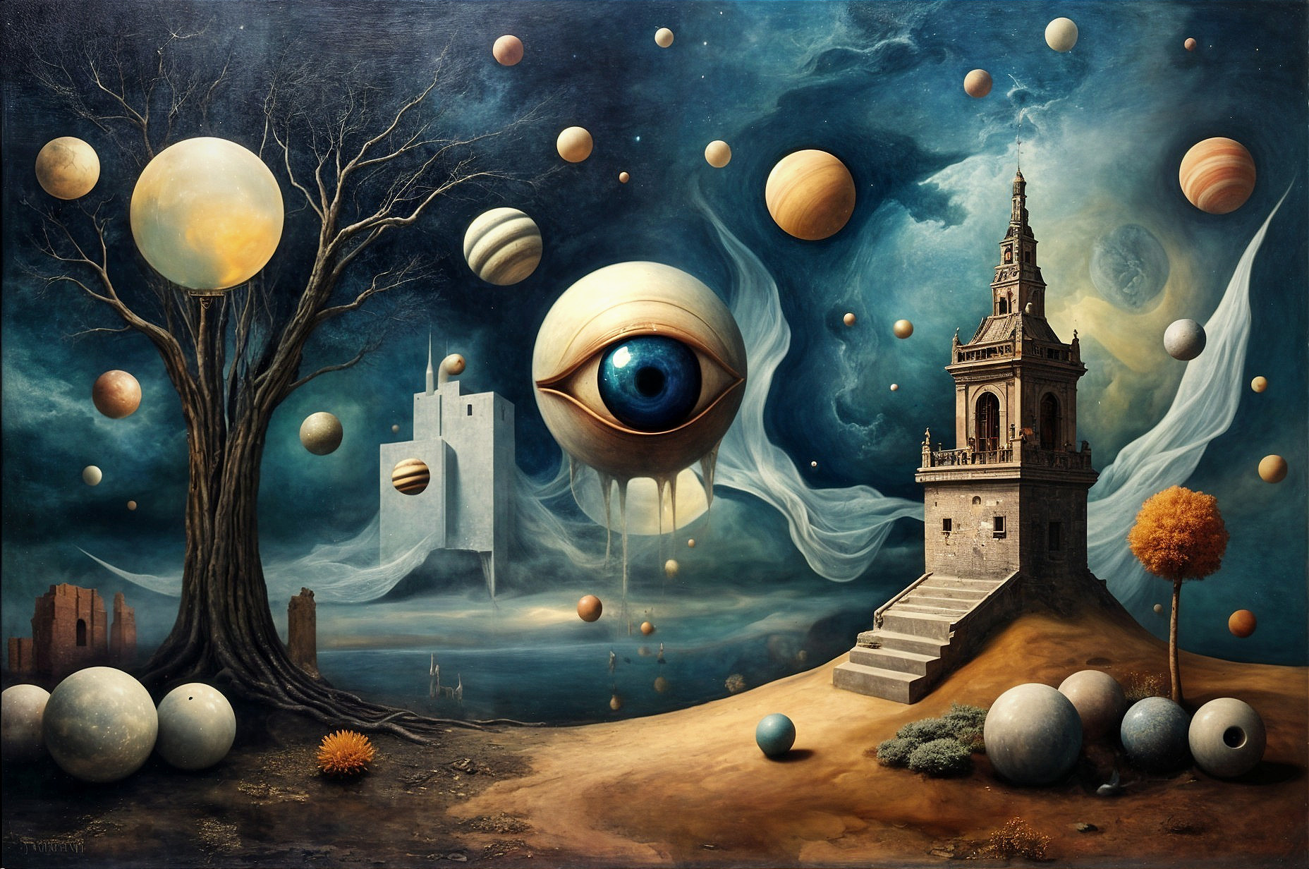 Surreal Landscape with Dreamlike Sky and Castle Structure